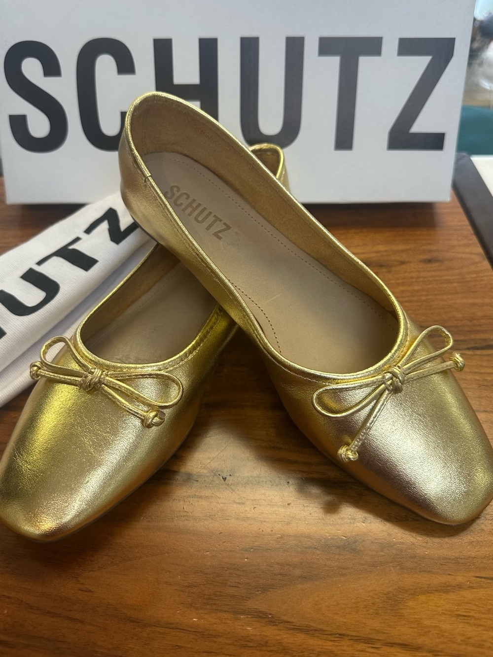 SCHUTZ Metallic Gold Ballet Flats with Bow
